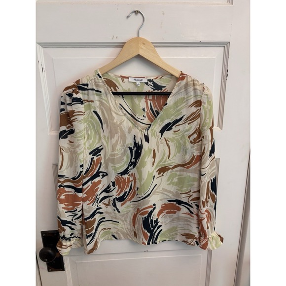 Madewell Women's Cream V-Neck Ruffle Cuff Top Brush Patterns Size Small $78 - Picture 3 of 8